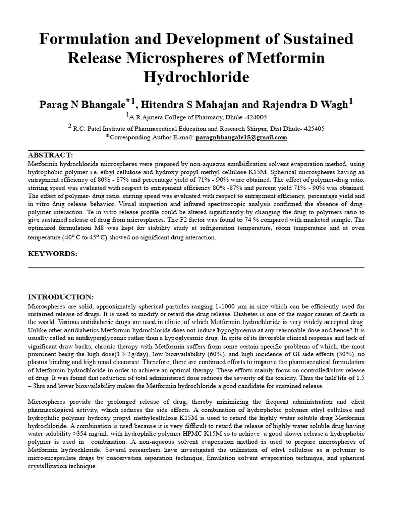Formulation and Development of Sustained Release Microspheres of ...