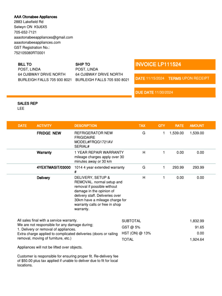 Invoice for Fridge Purchase and Warranty | PDF | Taxes