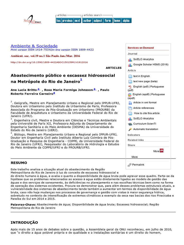 Water Supply and Hydrosocial Scarcity in The Rio de Janeiro ...