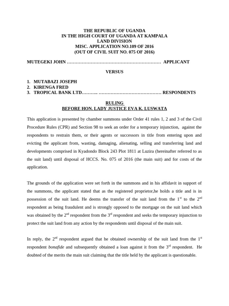 Uganda High Court Ruling on Land Injunction | PDF | Mortgage Law | Lawsuit