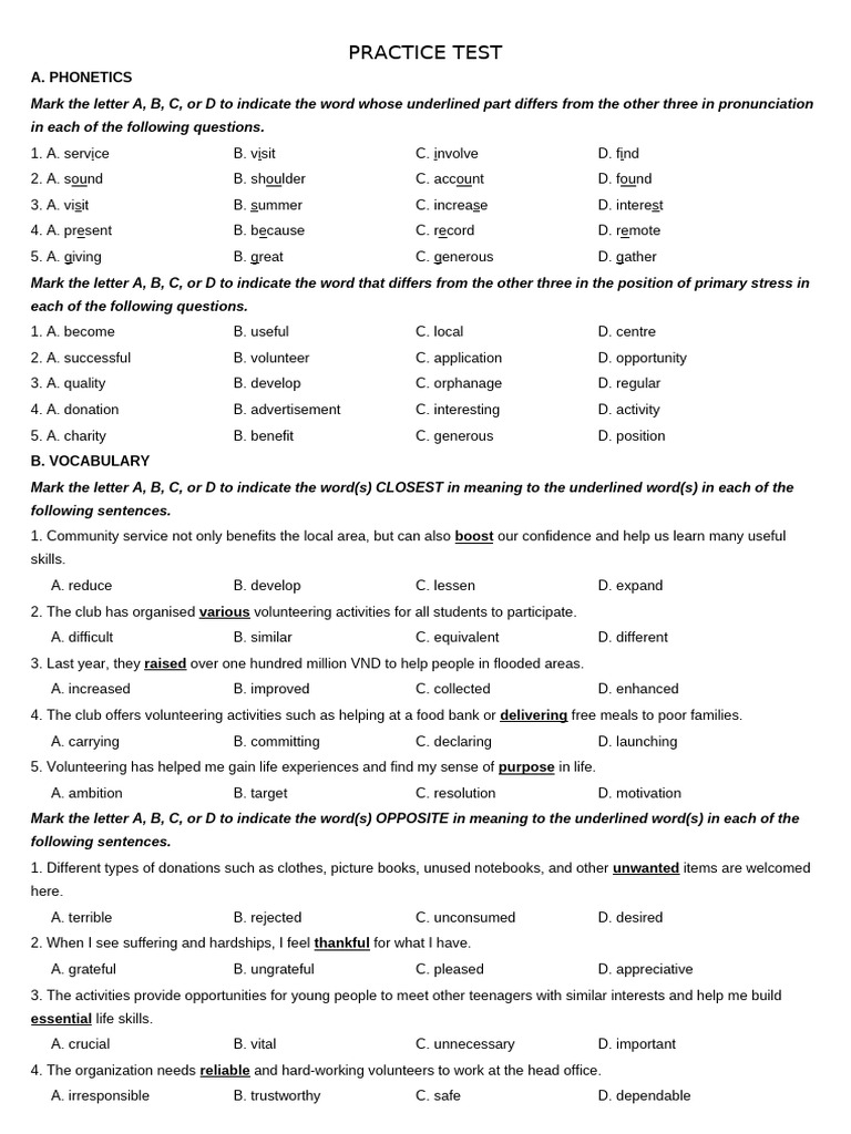 Phonetics and Vocabulary Practice Test | PDF | Volunteering | Humour