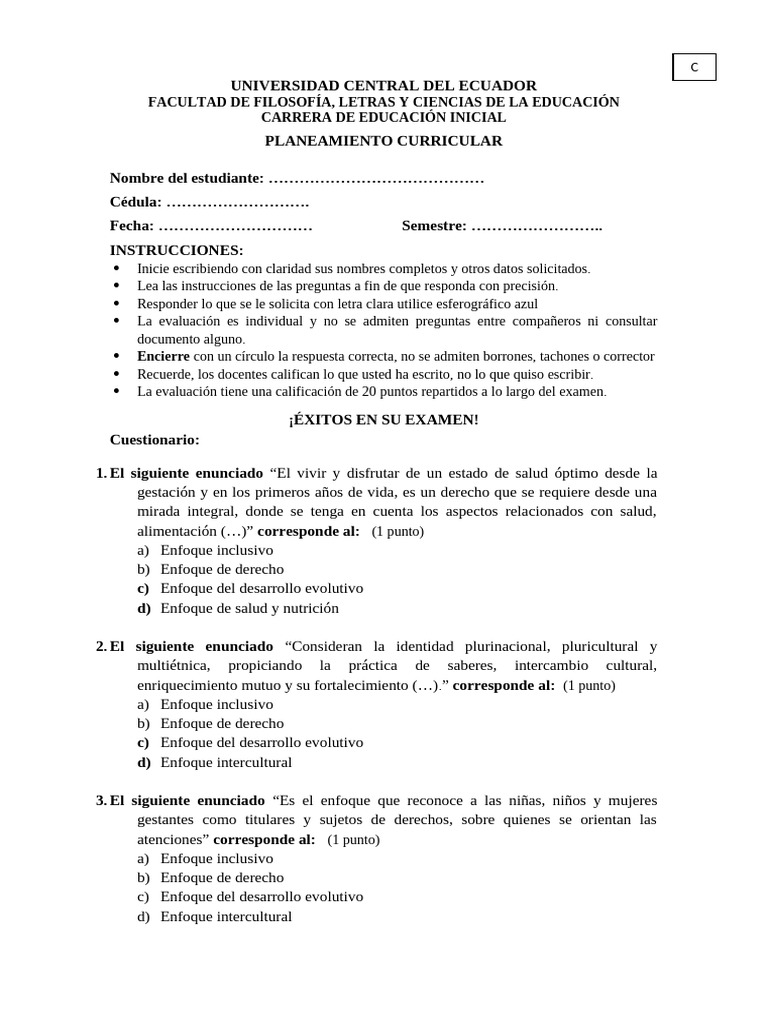 Examen de Planeamiento Curricular en Educación Inicial | PDF | Plan de ...
