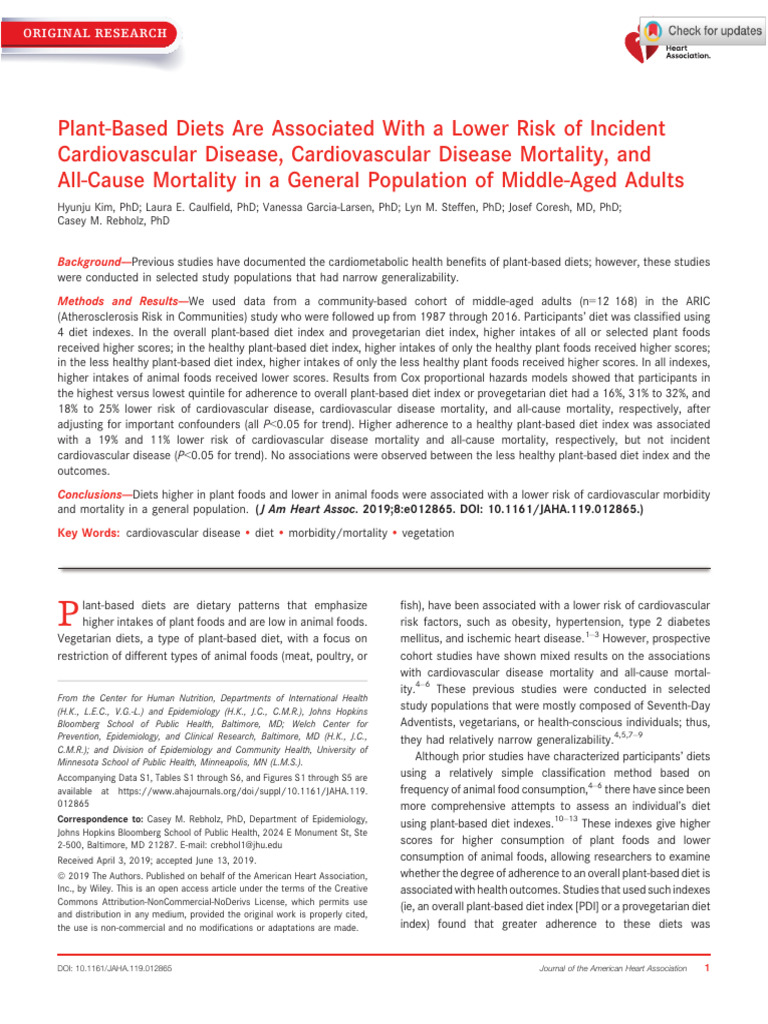 Kim Et Al 2019 Plant Based Diets Are Associated With A Lower Risk of ...