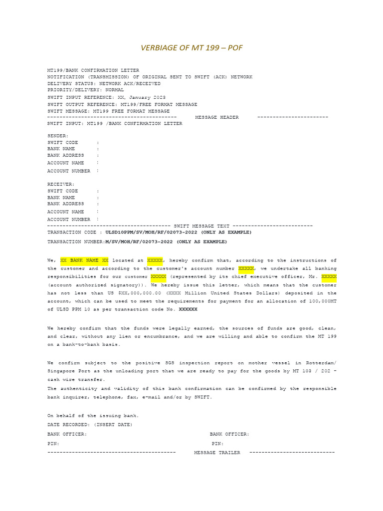 MT199 Format for Bank Confirmation | PDF