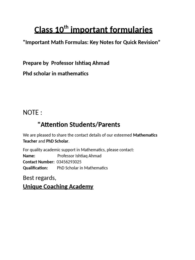 Class 10th Important Formularies | PDF