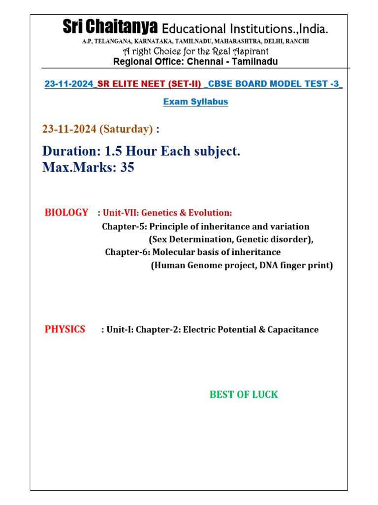 23-11-2024 - SR Elite Neet (Set-II) - Cbse Board Model Test - 3 Exam ...