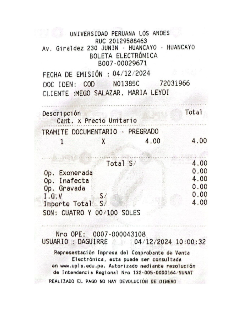 Recibo de Pago de S. 4.00 Soles | PDF