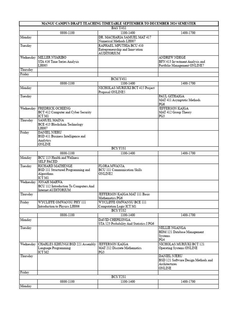 Mangu Campus Draft Teaching Timetable September To December 2024 ...