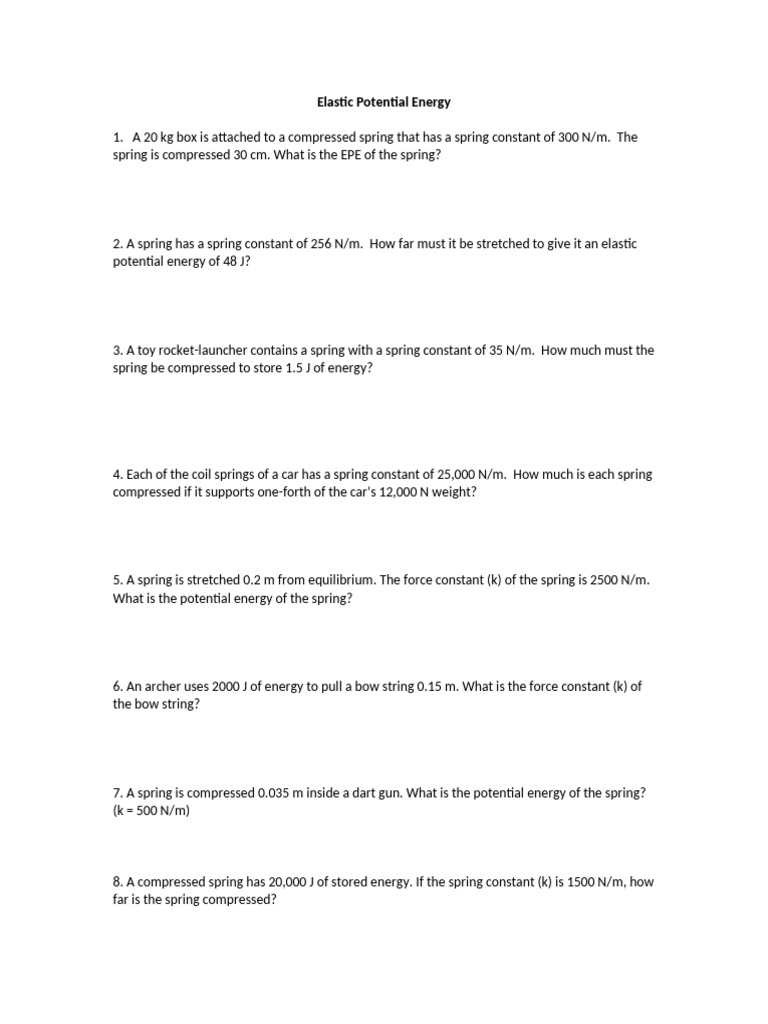 Elastic Potential Energy Practice Problems | PDF