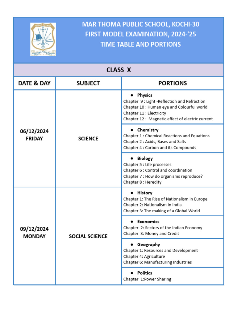 Class X Model Exam Timetable 2024 | PDF | Chemistry