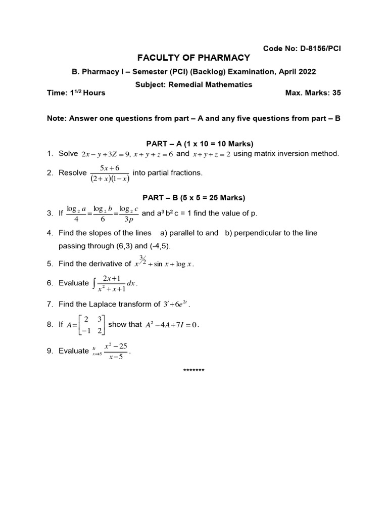 Remedial Mathematics Exam Paper 2022 | PDF