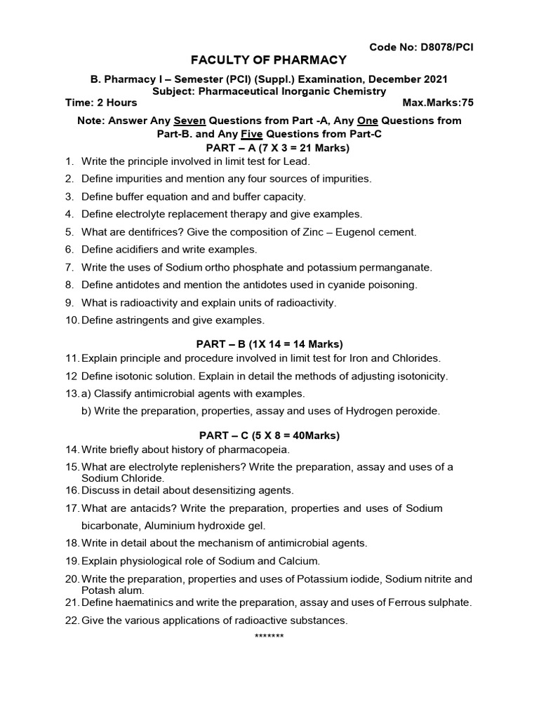 Bpharmacy 1 Sem Pharmaceutical Inorganic Chemistry D 8078 Dec 2021 | PDF