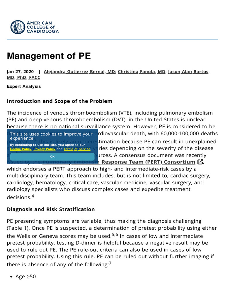 Management of PE - American College of Cardiology | PDF | Cardiology ...