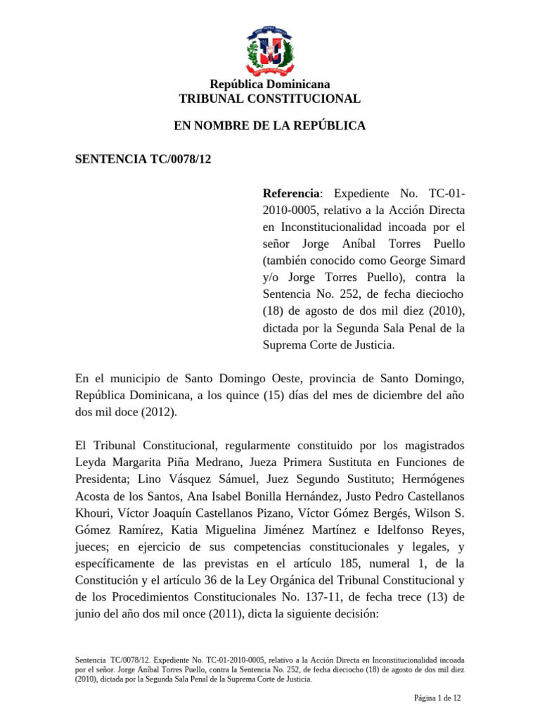 Sentencia TC/0078/12 sobre extradición en RD | PDF | Debido al proceso ...