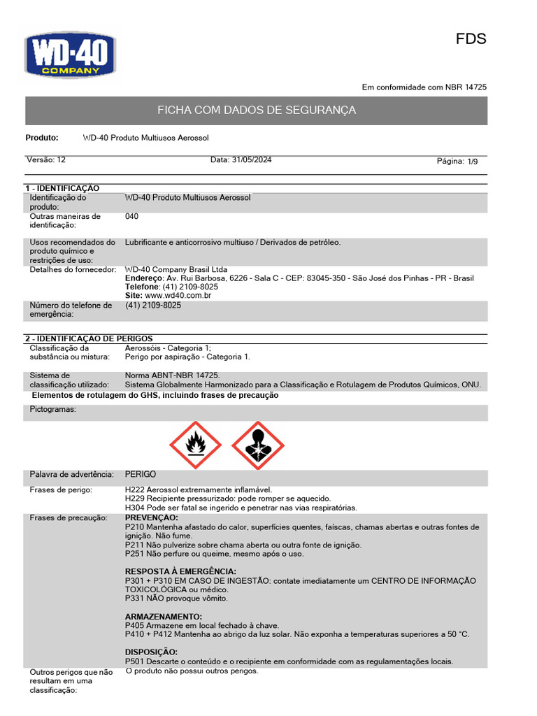 Ficha de Segurança WD-40 Aerossol | PDF | Temperatura | Densidade