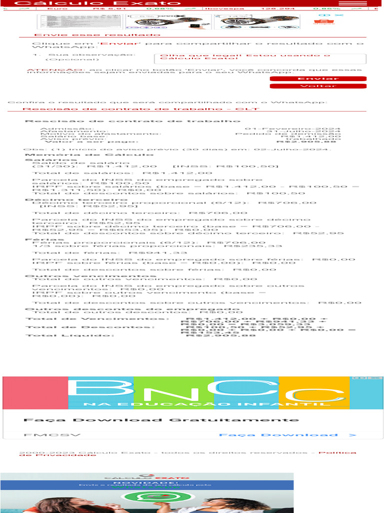 Cálculo Exato da Rescisão CLT | PDF | Férias trabalhistas | Relações de ...