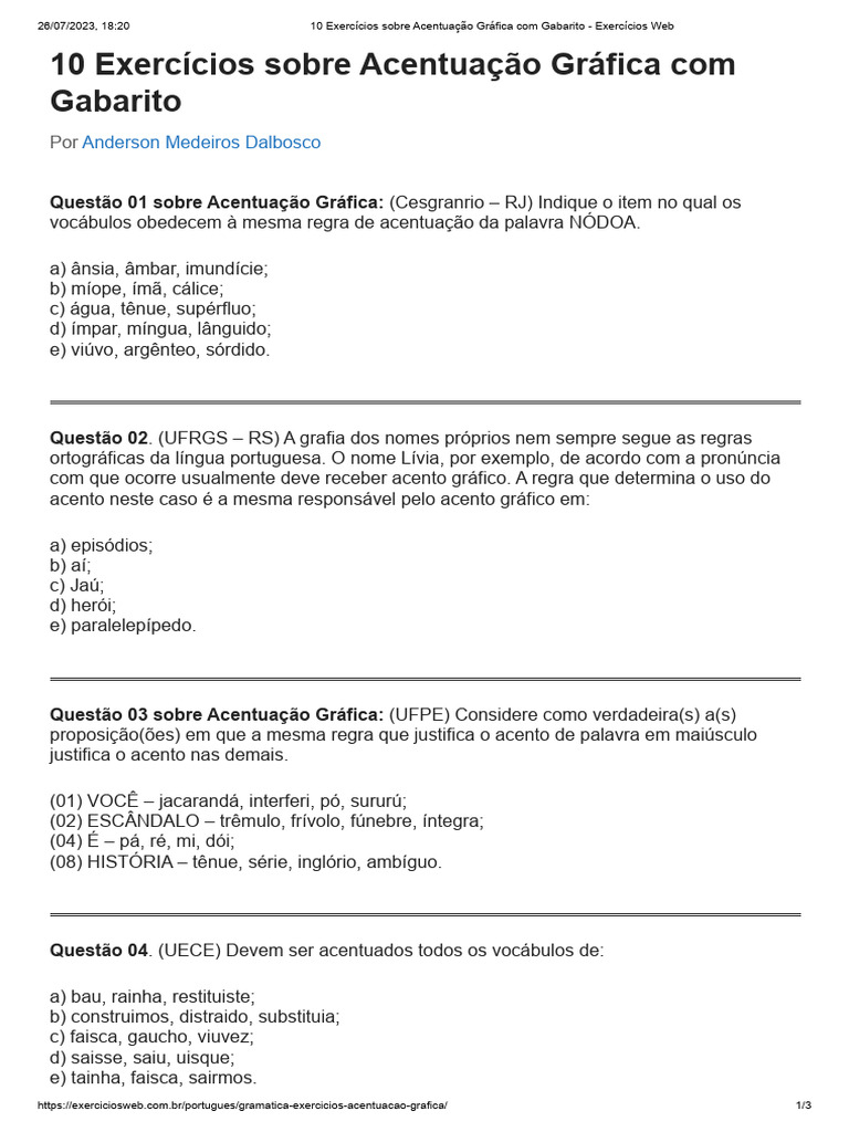 Exercícios de Acentuação Gráfica com Gabarito | PDF | Sílaba | Estresse ...