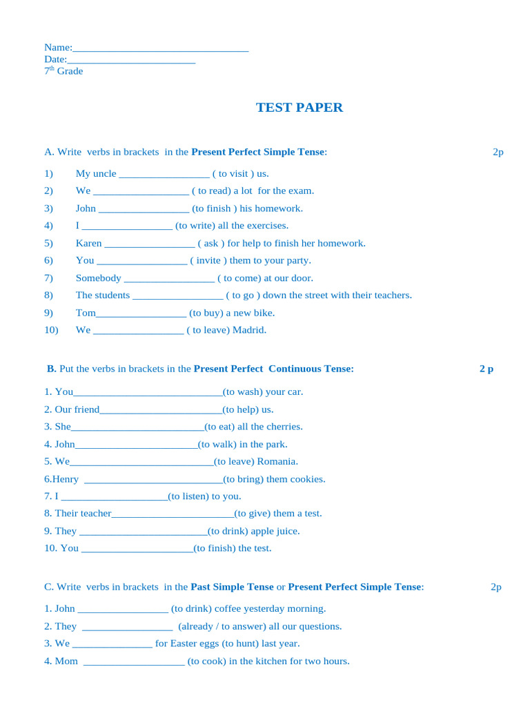 7th Test Present Perfectpast Simple | PDF | Grammatical Tense ...