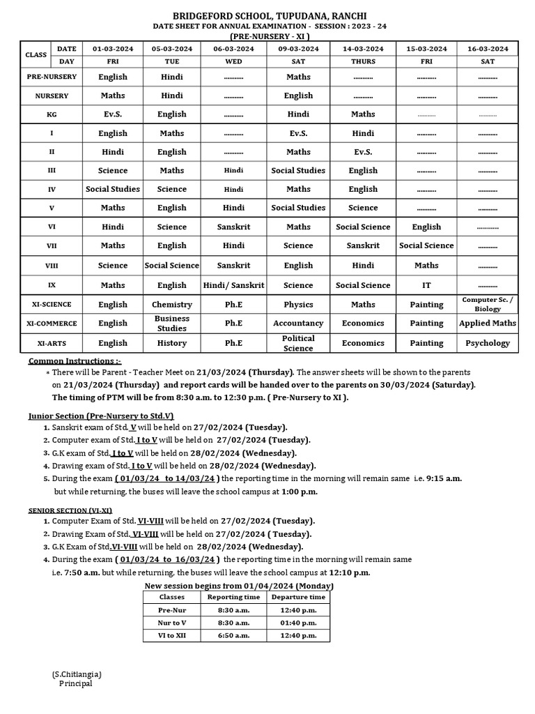 Bridgeford School Exam Date Sheet 2024 | PDF | Science