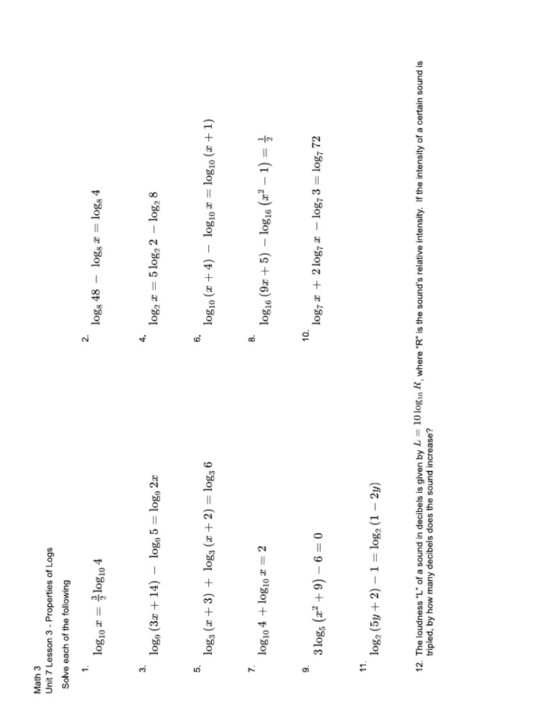 Unit 7 Lesson 3 - Properties of Logs Practice | PDF