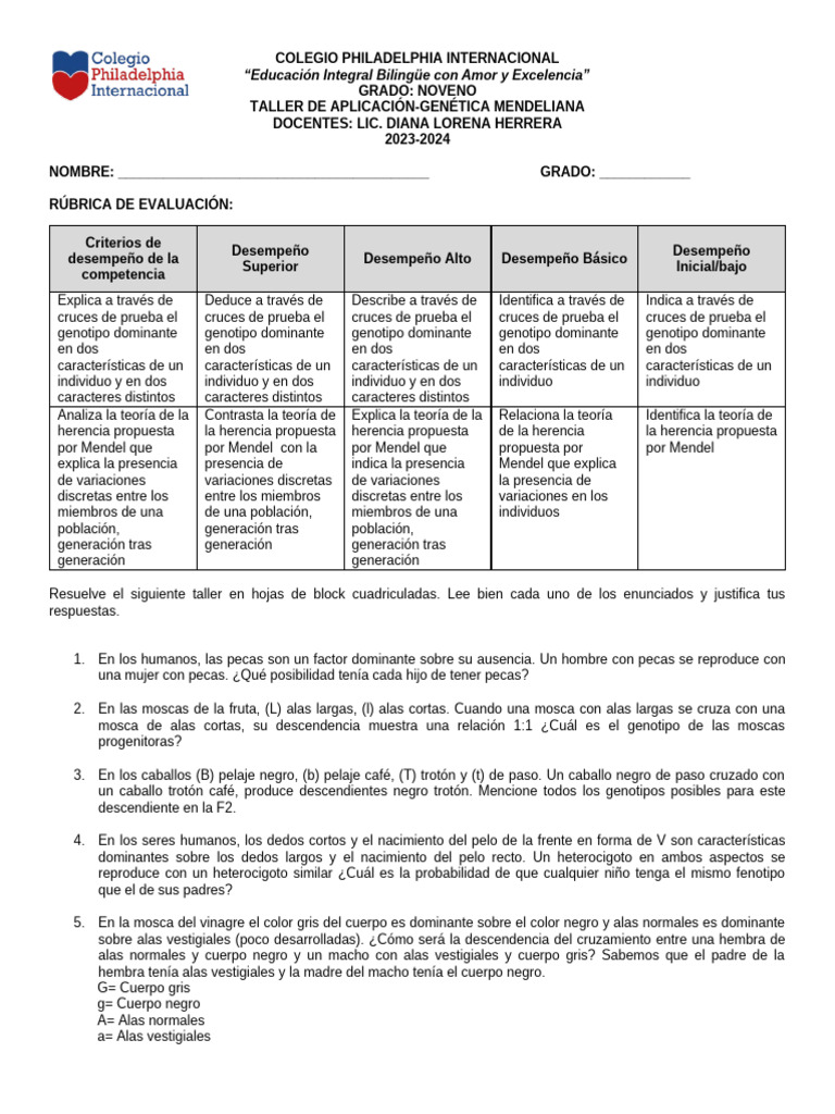 TALLER+DE+GEN%C3%89TICA+MENDELIANA | PDF | Dominancia (Genética ...