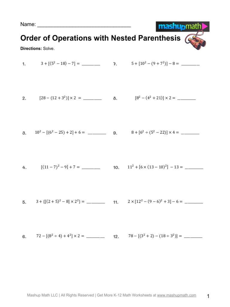 Nested Parenthesis Operations Worksheet | PDF