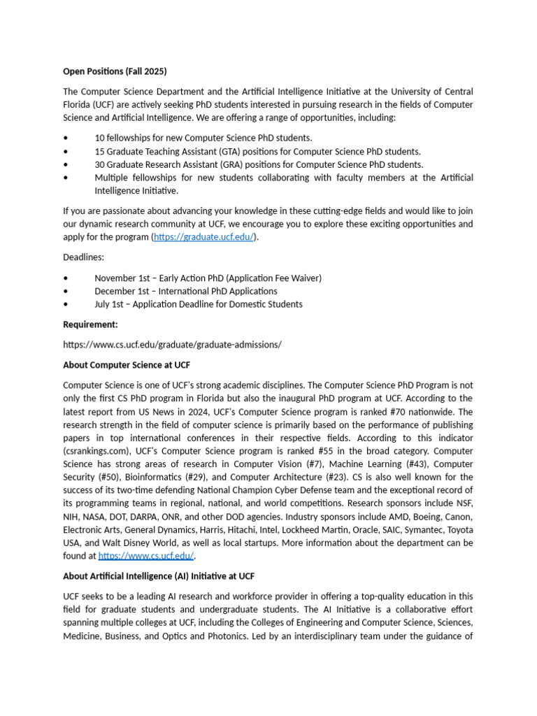 UCF PhD Application Deadlines 2025 PDF Science Computer Science