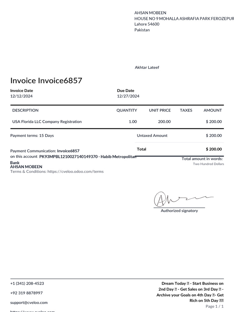 Florida LLC Registration Invoice 6857 | PDF