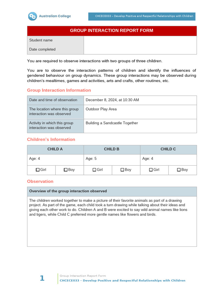 CHCECE033 Group Interaction Report Task 1 | PDF | Behavior | Thought