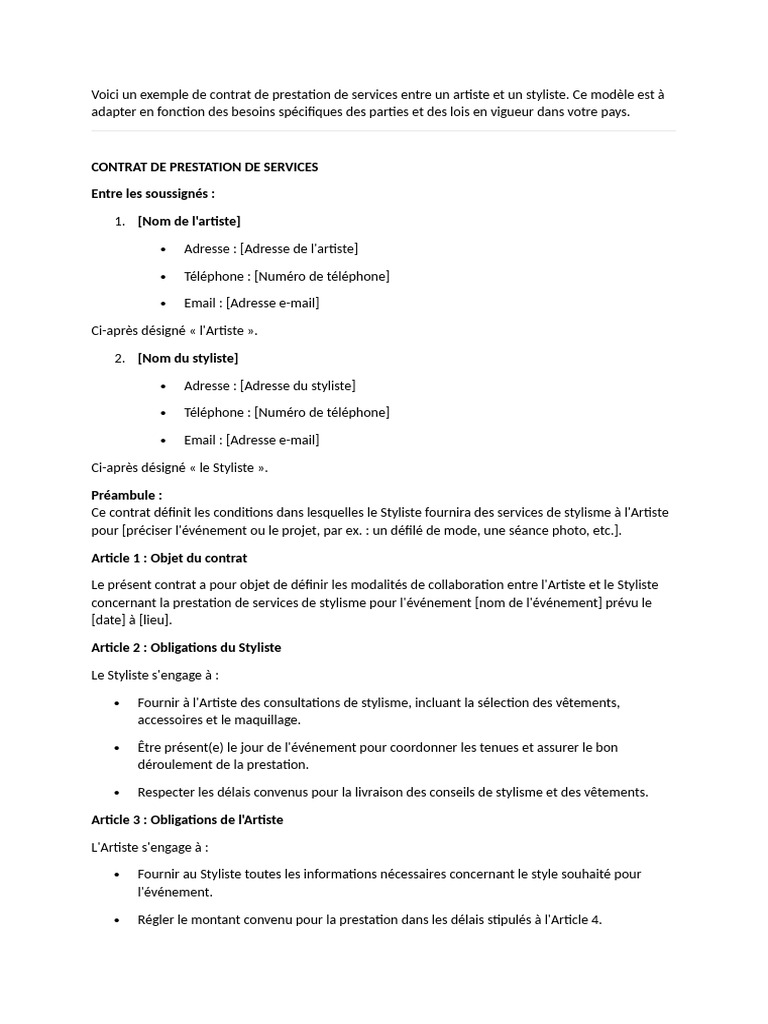 Contrat de Stylisme pour Artiste | PDF