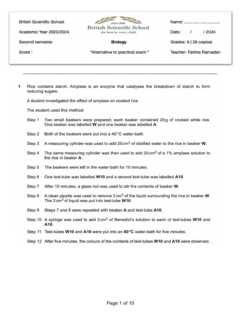 Bio G9 Alternative Exam Pdf