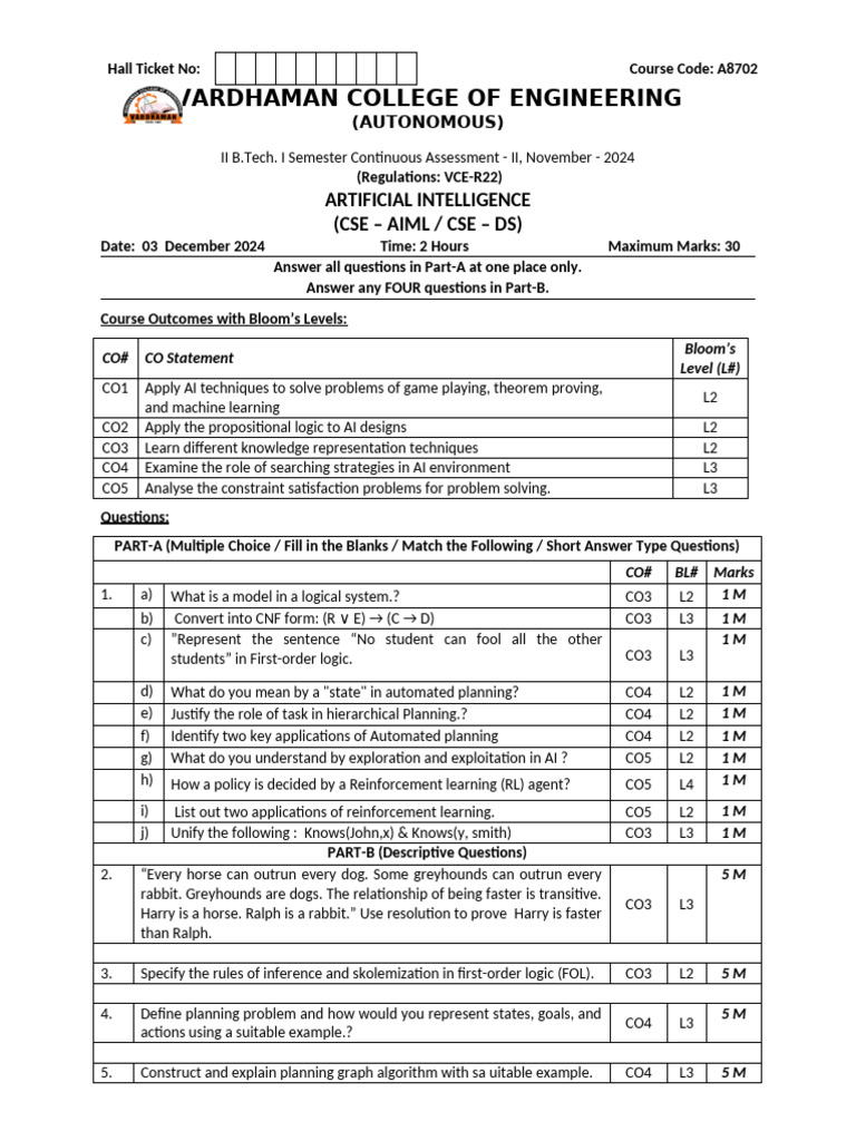 Que. Paper - ARTIFICIAL INTELLIGENCE | PDF | Artificial Intelligence ...