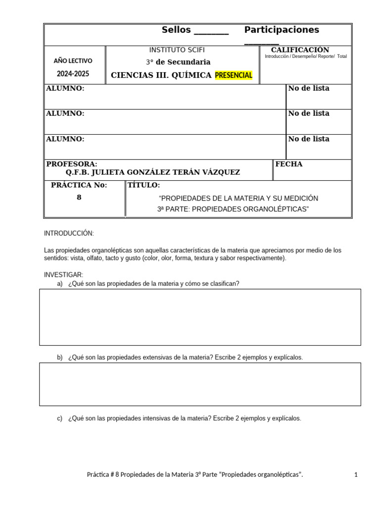 Practica 8 Quimica 3o Sec. Propiedades de La Materia y Su Medicion 3a ...