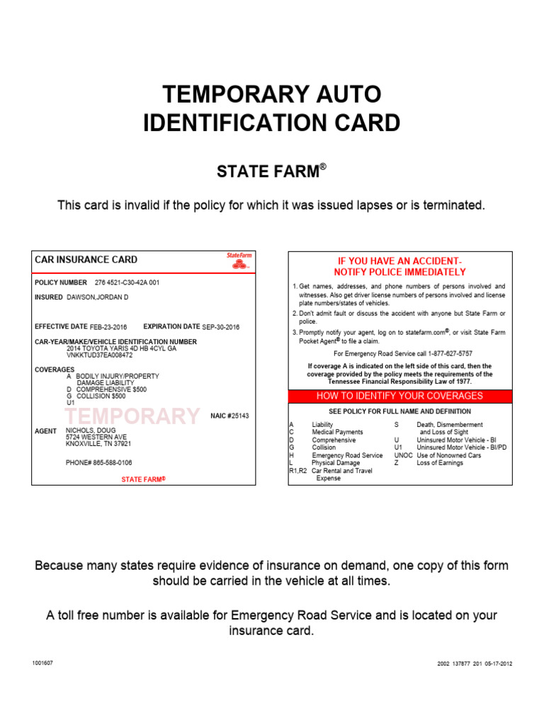Temporary Auto Identification Card | PDF | Insurance | Vehicle Insurance