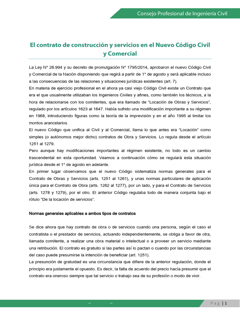 El Contrato de Construccion y Servicios en El Nuevo Codigo Civil y ...