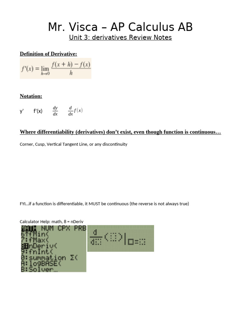 1 Visca - Unit 3 Derivatives Unit Review Notes | PDF | Derivative ...