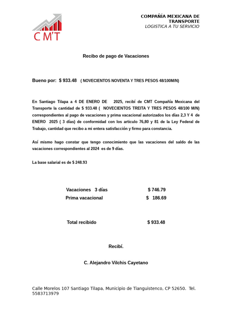 Modelo De Recibo De Pago De Vacaciones Republica