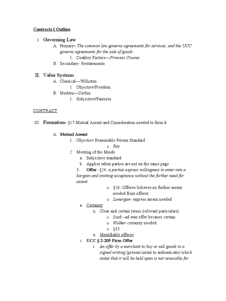 Contracts Law Outline: Key Concepts | PDF | Offer And Acceptance ...