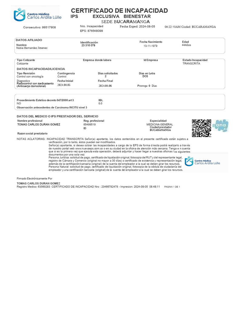 Certificado de Incapacidad Médica | PDF