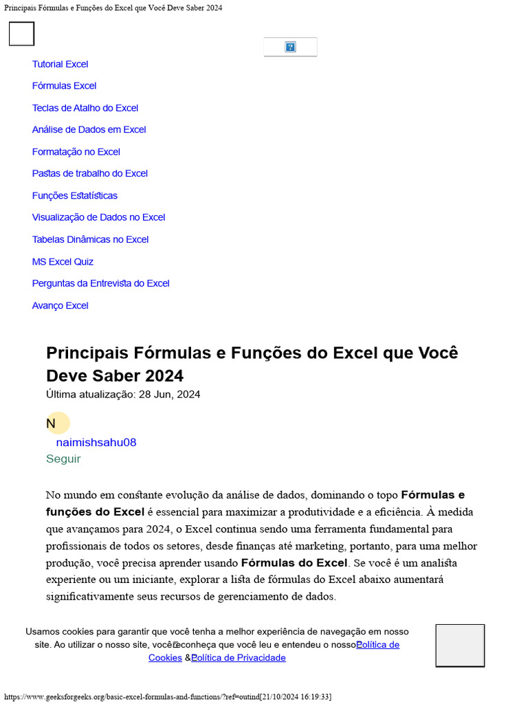 Principais Fórmulas do Excel em 2024 | PDF | Informática | Ciência da ...