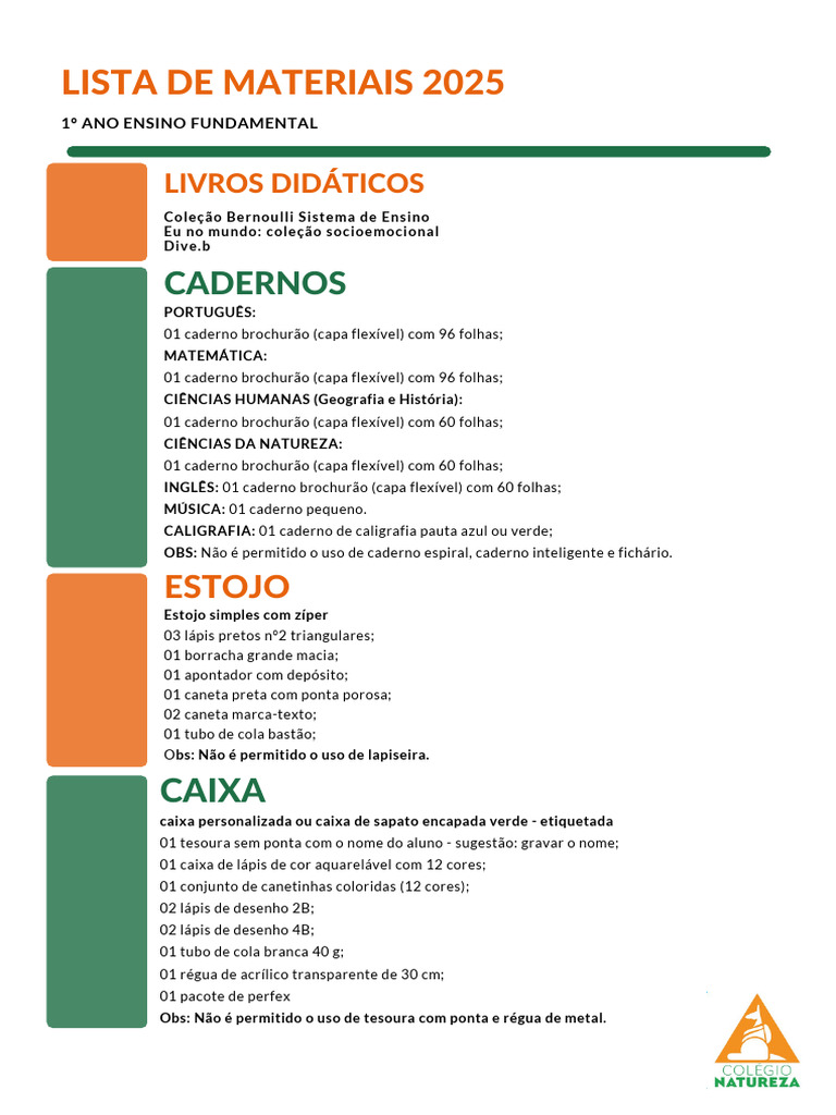 Materiais 1º Ano Fundamental 2025 | PDF