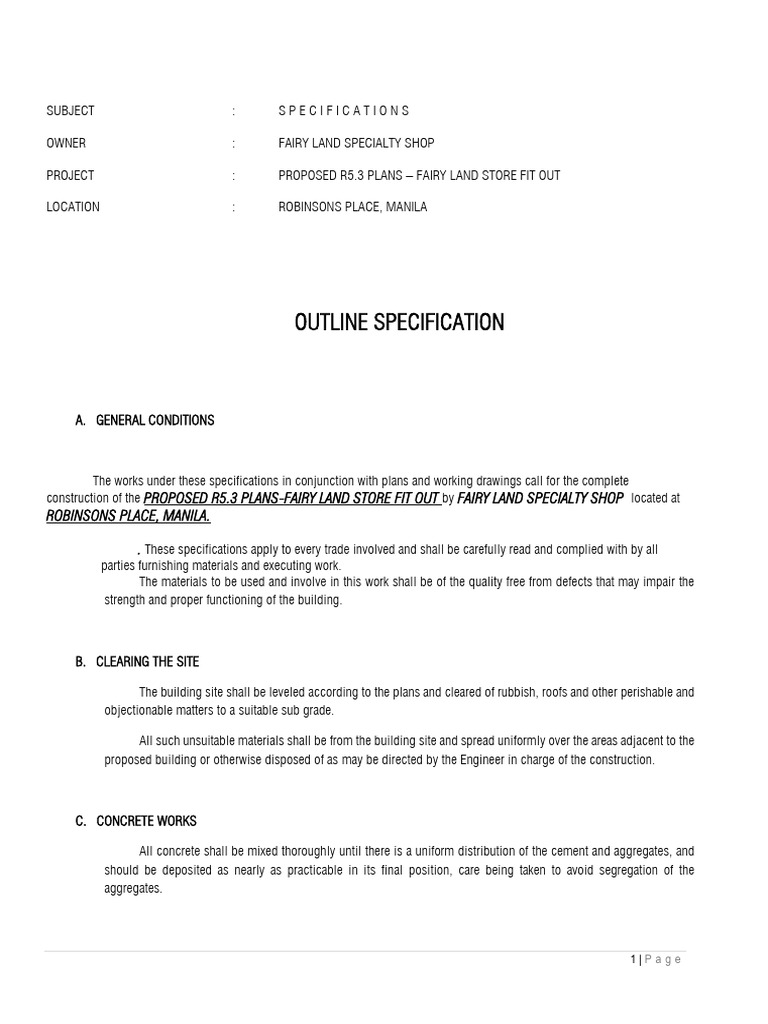 Fairy Land Store Fit-Out Specifications | PDF | Concrete | Door