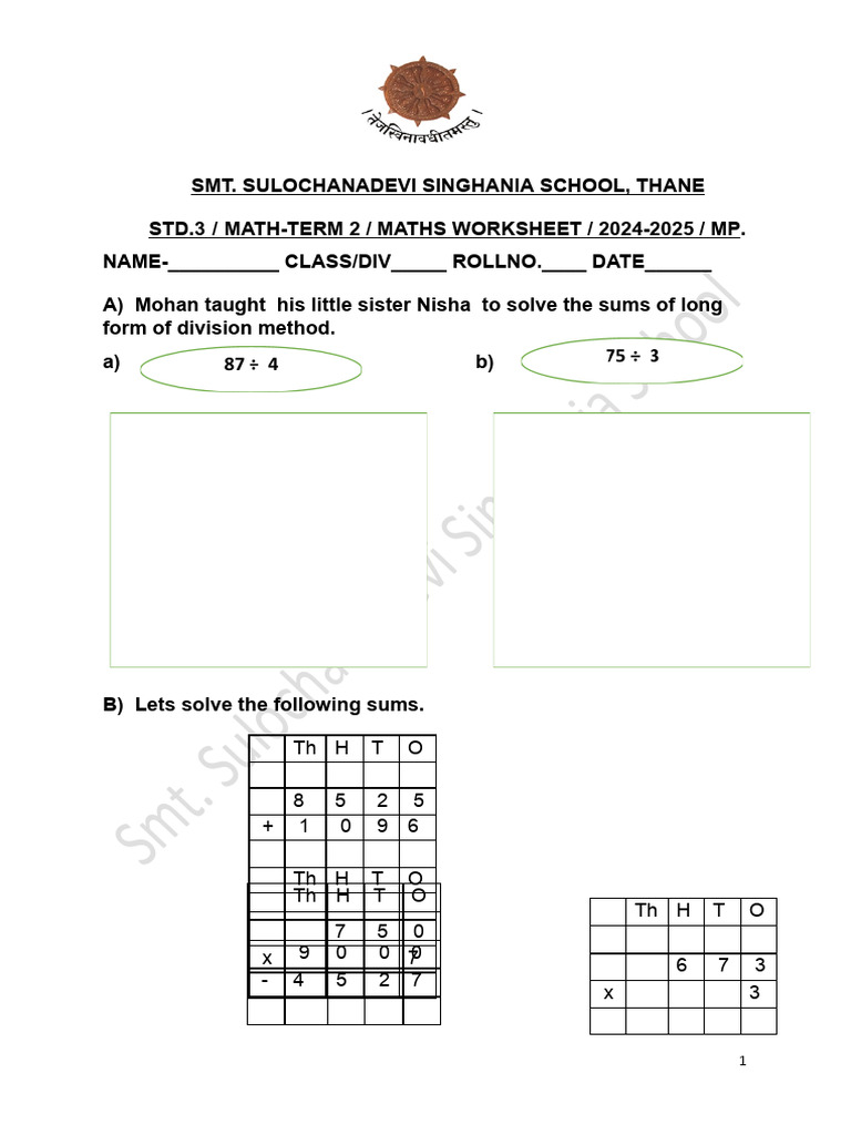 Class 3 Math Worksheet 2024-2025 | PDF