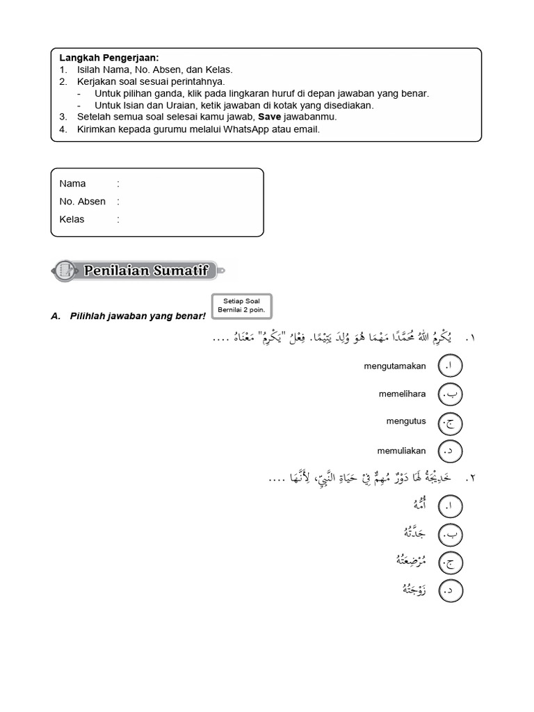MTs Bahasa Arab 9 Penilaian Sumatif 2 | PDF
