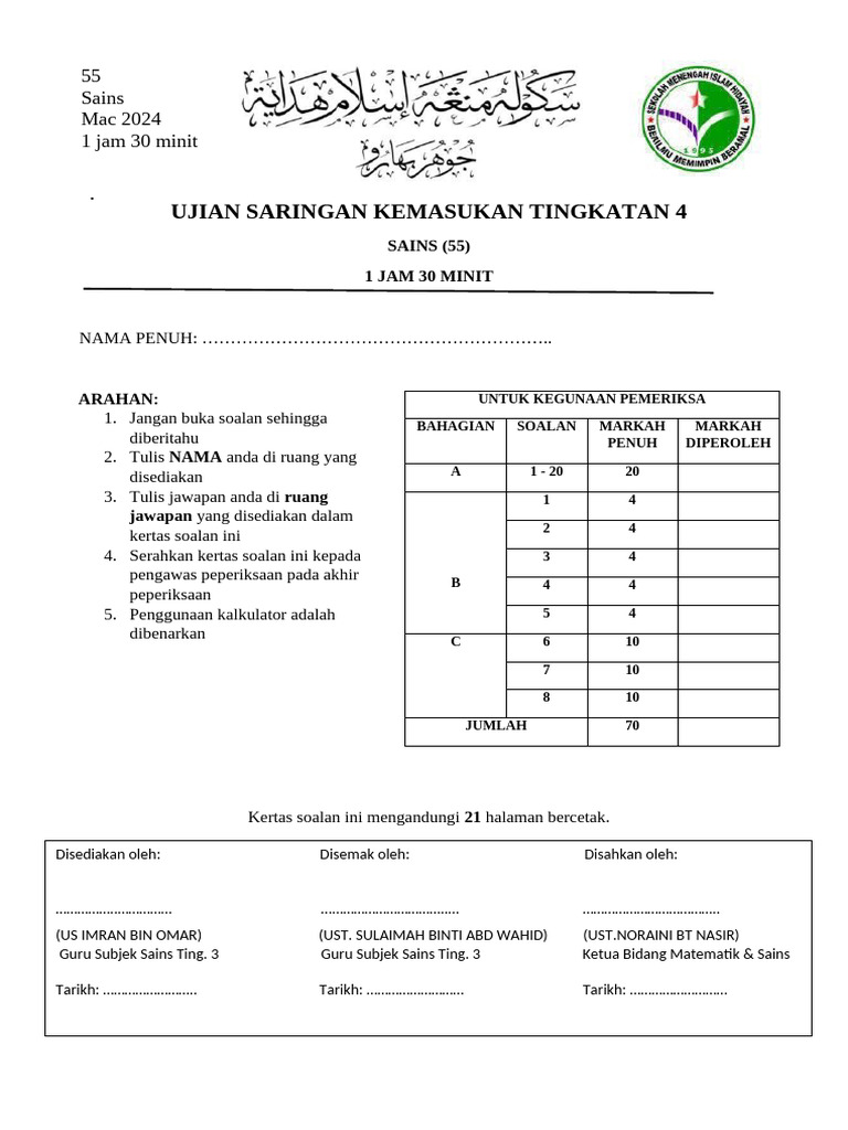 Ujian Saringan Kemasukkan t4 Sains 2024 | PDF