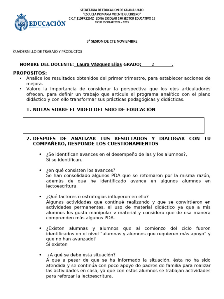 Cuadernillo de Trabajo y Productos 3a