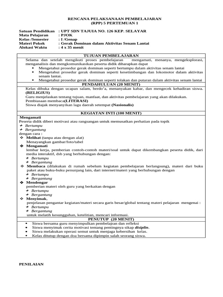 RPP Penjas Kelas 1 | PDF