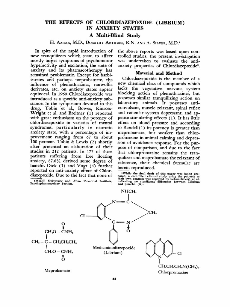 Azima Et Al 1962 The Effects of Chlordiazepoxide Librium in Anxiety ...