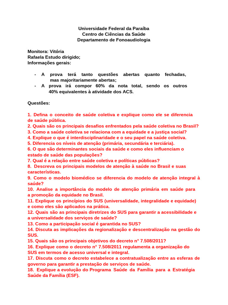 Questões sobre Saúde Coletiva e SUS | PDF