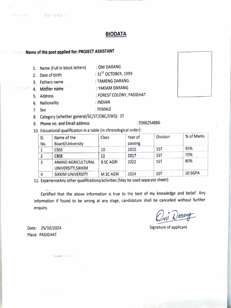 Project Assistant Biodata of Oni Darang | PDF